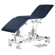 Three section all electric treatment couch in navy blue with smooth motorised adjustments, durable PVC upholstery, and 250kg safe weight capacity.