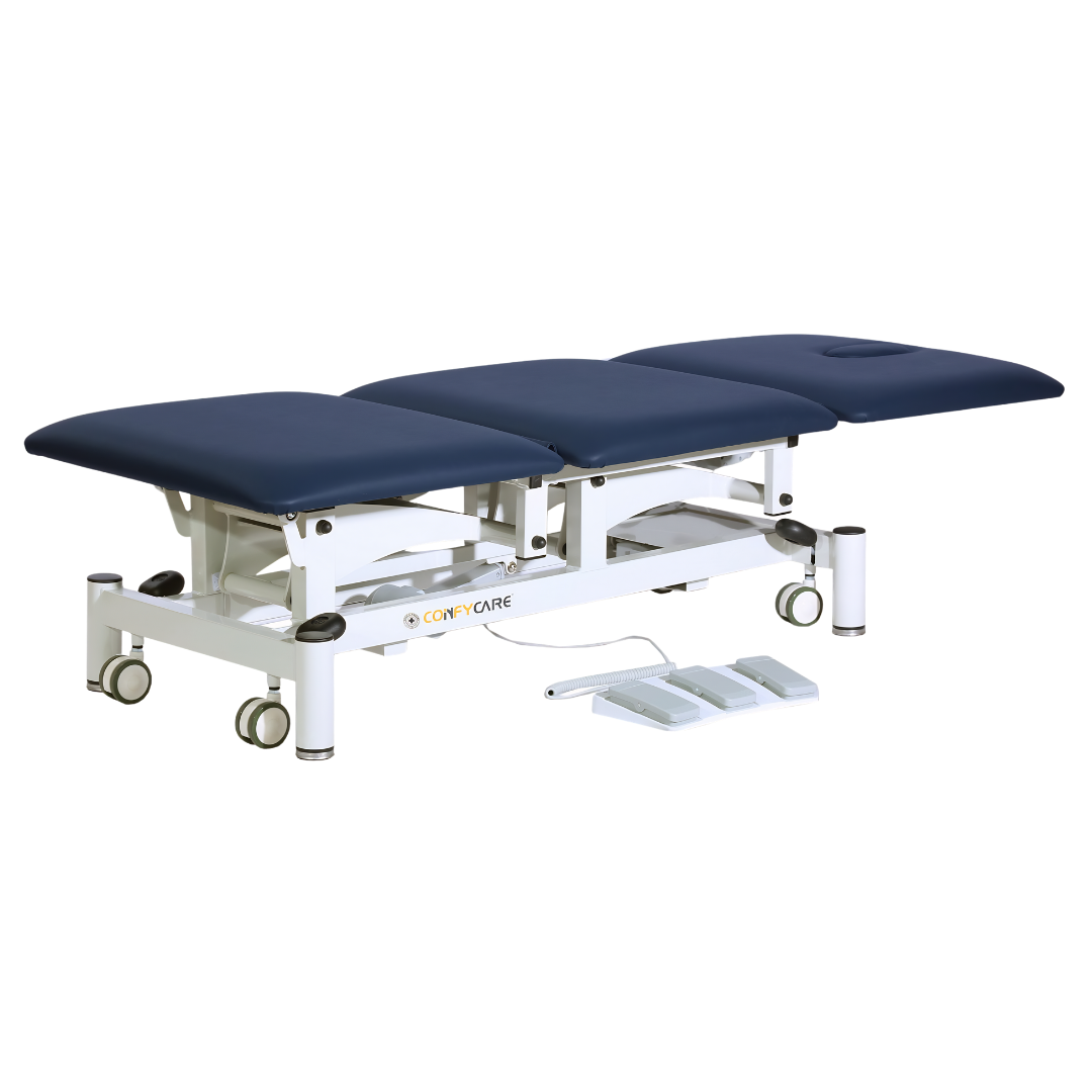 Three section all electric treatment couch in navy blue with smooth motorised adjustments, durable PVC upholstery, and 250kg safe weight capacity.