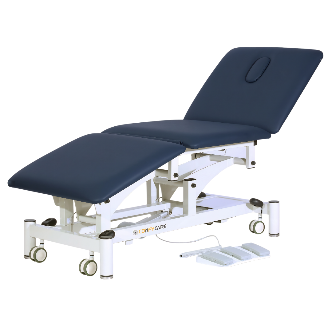 Three section all electric treatment couch in navy blue with smooth motorised adjustments, durable PVC upholstery, and 250kg safe weight capacity.
