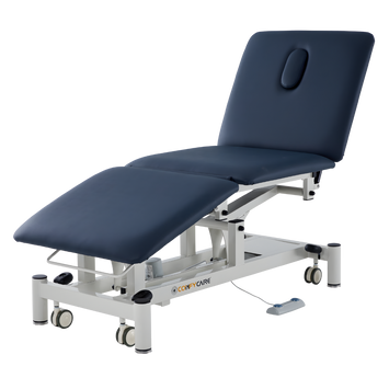 Three Section Medical Treatment Couch in navy blue with adjustable sections, providing stable, comfortable support for clinical examinations and healthcare treatments.