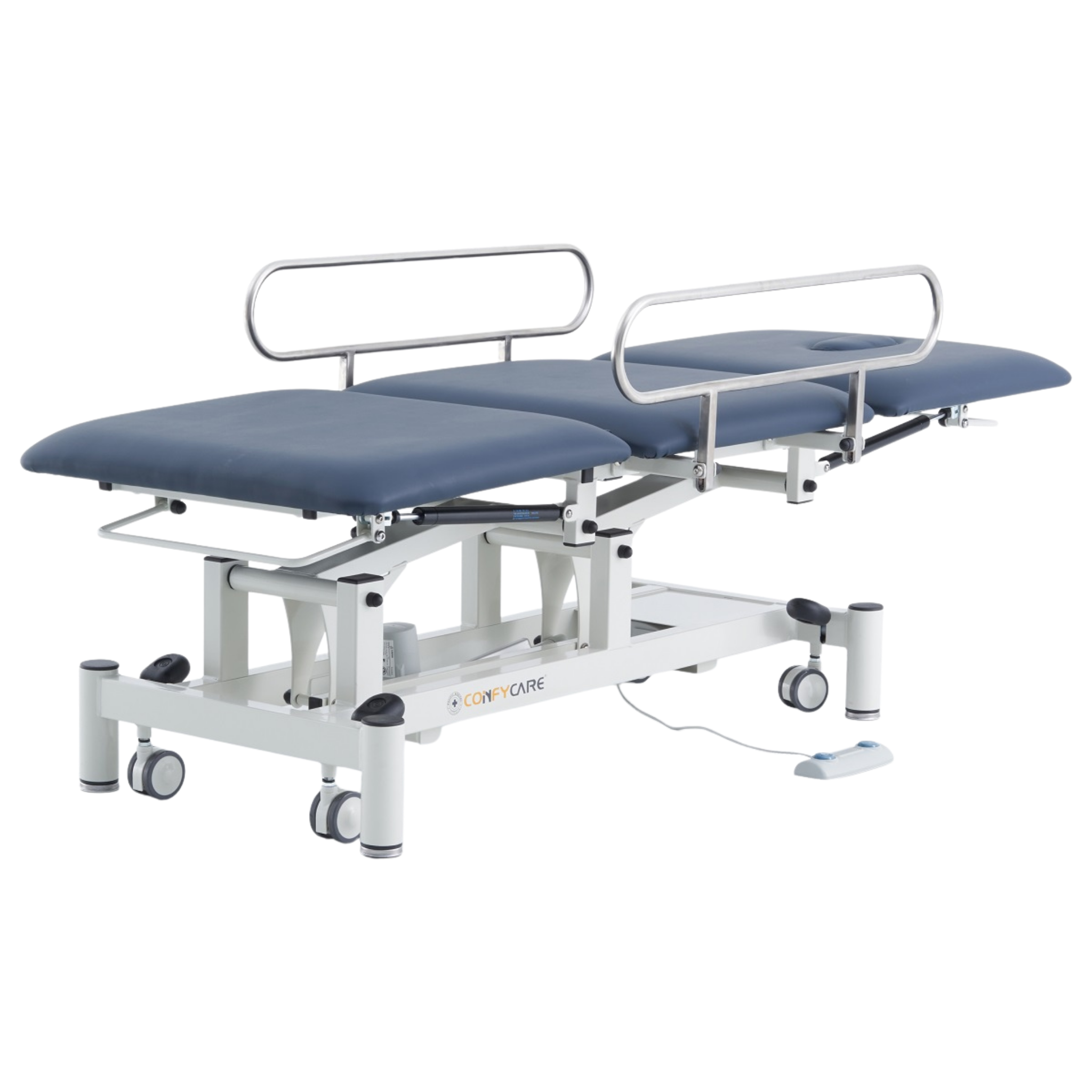 Three Section Medical Treatment Couch with Side Rails in Navy Blue, shown in a fully flat position with metal safety rails raised and white electric lift frame.