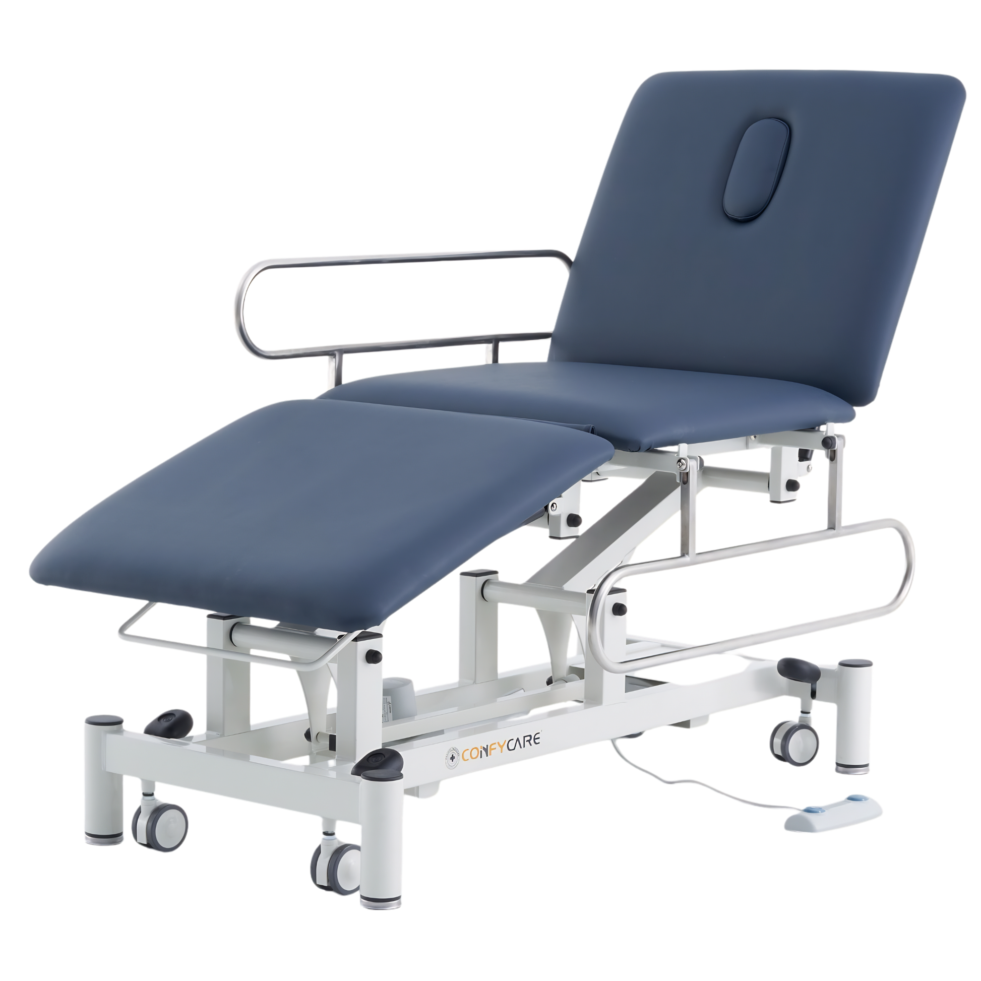 Three Section Medical Treatment Couch with Side Rails Navy Blue, adjusted into a multi-section incline position with the foot pedal control visible on the floor.