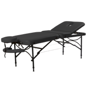 Portable three-section massage table in charcoal black featuring an adjustable backrest, detachable face cradle, and hanging armrest shelf on a foldable lightweight frame.