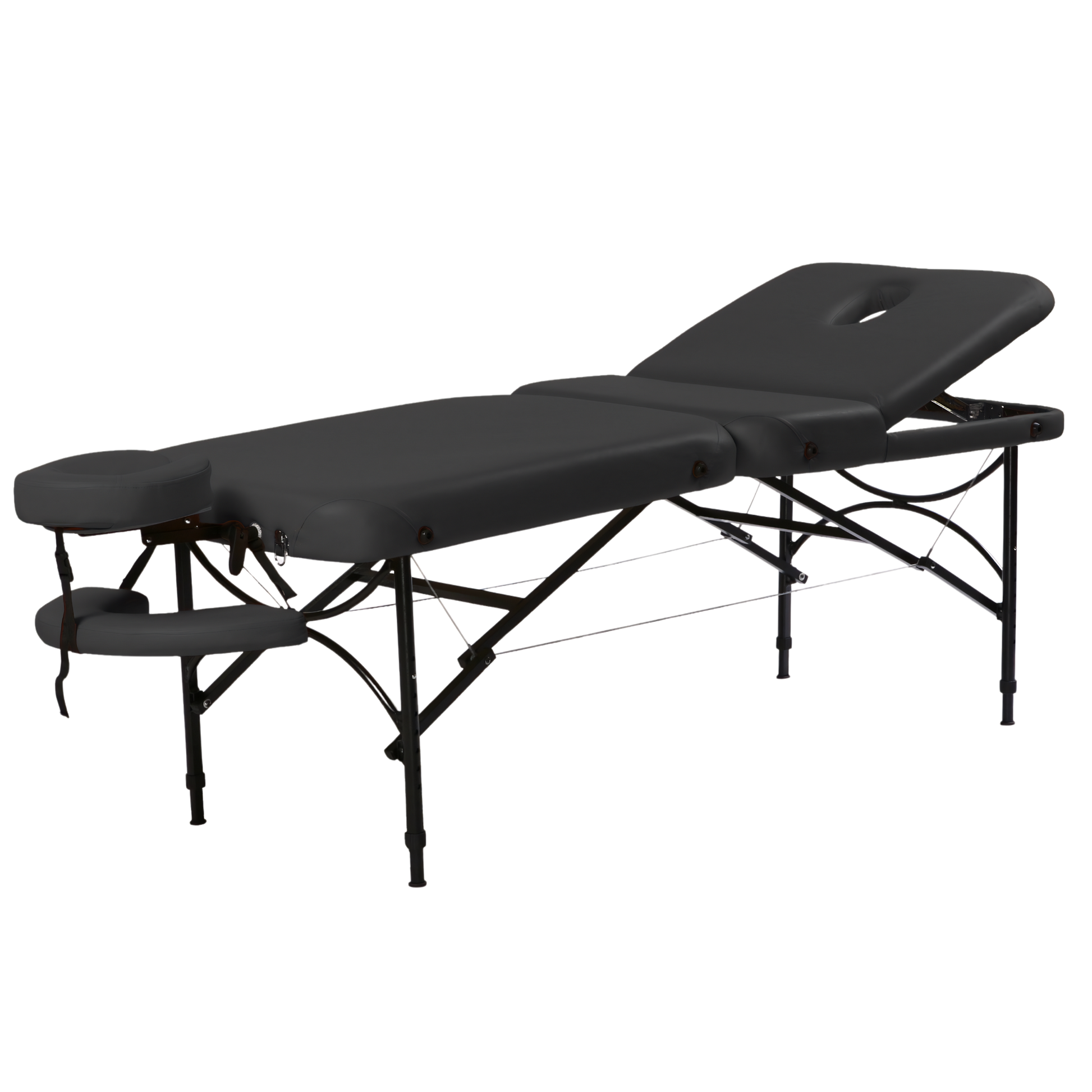 Portable three-section massage table in charcoal black featuring an adjustable backrest, detachable face cradle, and hanging armrest shelf on a foldable lightweight frame.