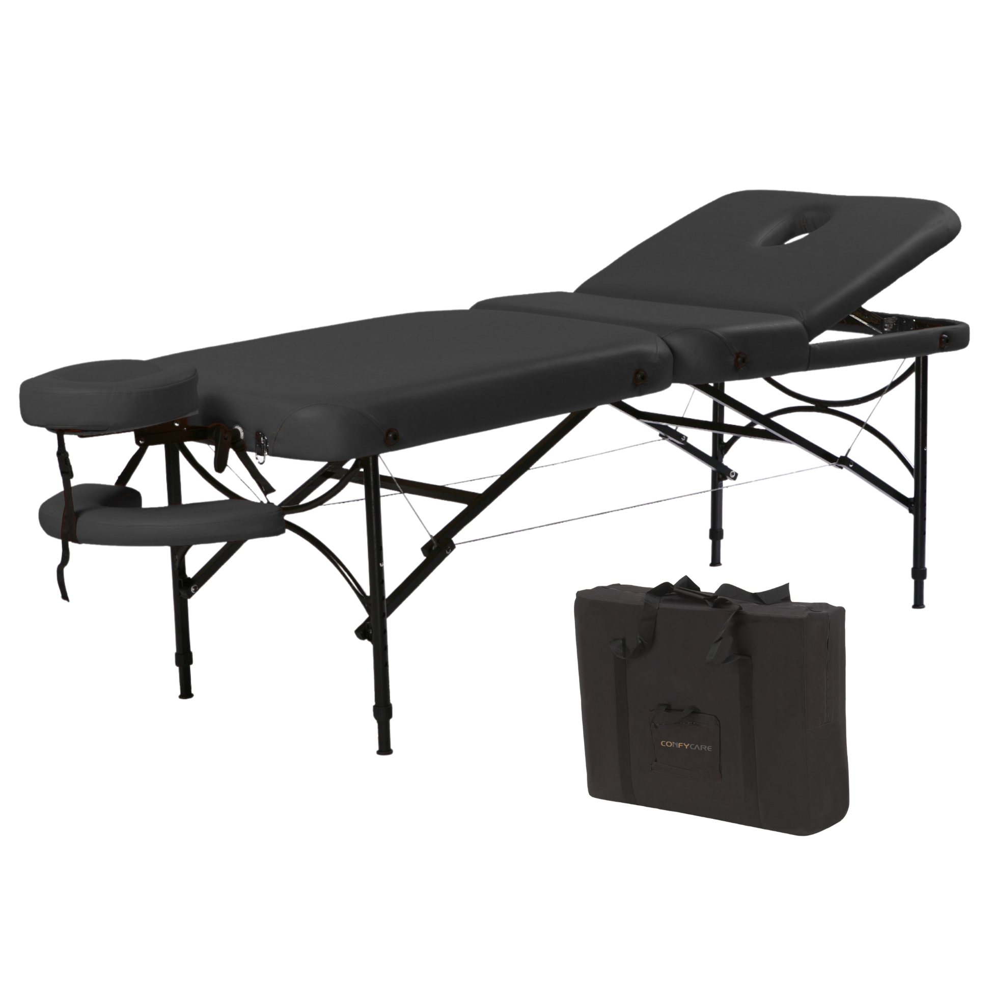 Black three-section portable massage bed with a raised backrest and included black carrying bag.