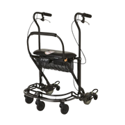 Black U-Step 2 Parkinson’s Walker with a padded seat, under-seat basket, reverse braking handles, and a wide U-shaped base.