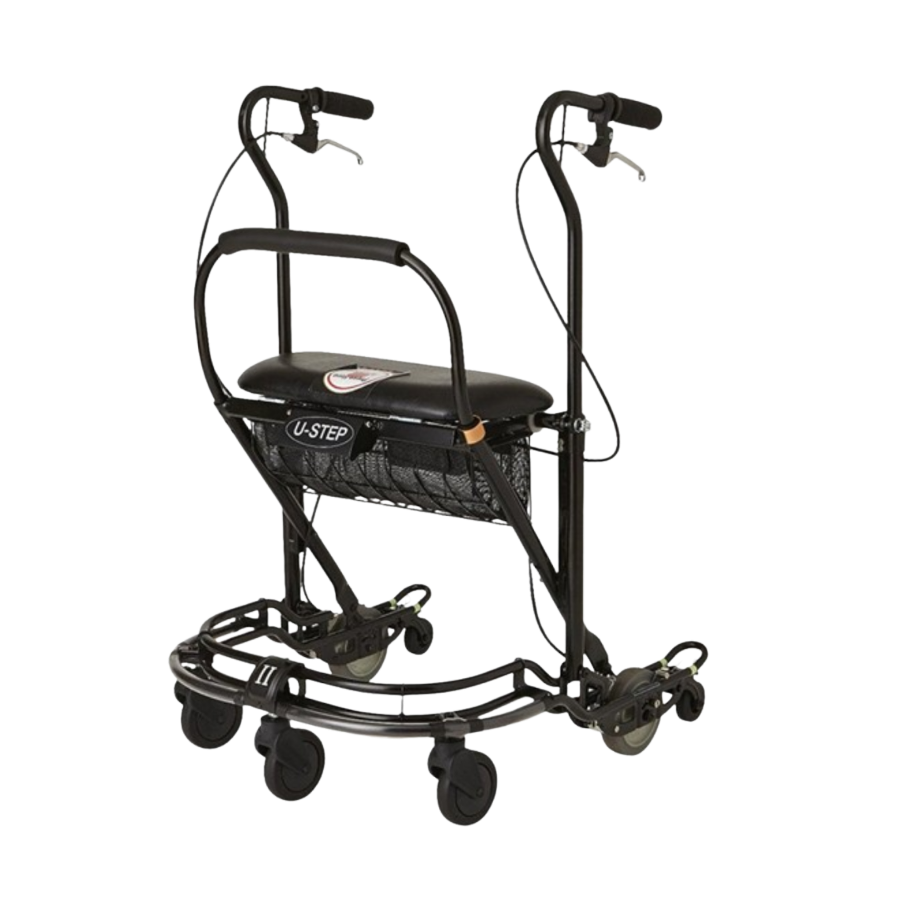 Black U-Step 2 Parkinson’s Walker with a padded seat, under-seat basket, reverse braking handles, and a wide U-shaped base.