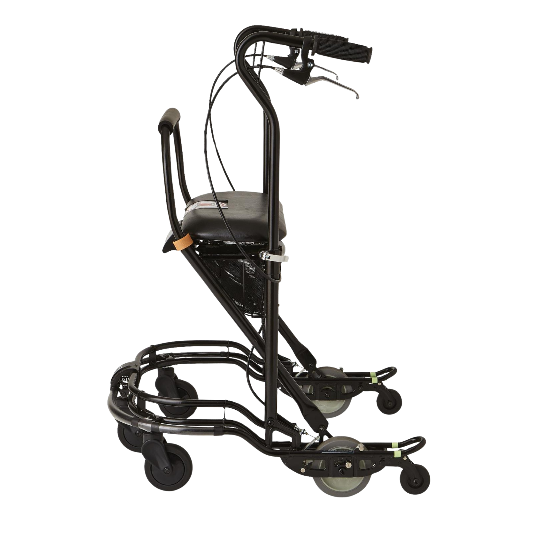 Side view of the black U-Step 2 Parkinson’s Walker with its wide U-shaped base, padded seat, and ergonomic handlebars on a transparent background.