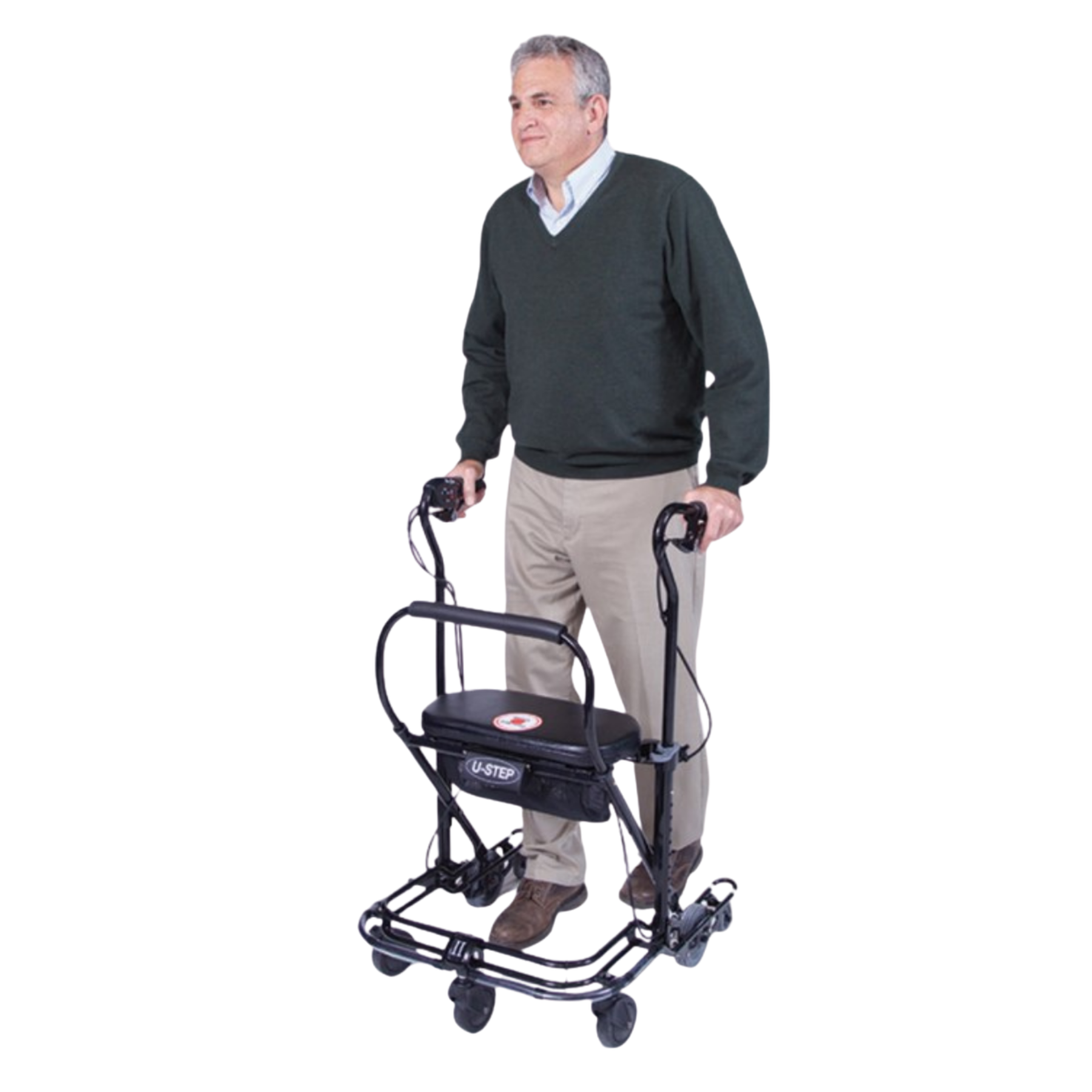 Man standing and using a black U-Step Parkinson’s Walker with a padded seat and ergonomic handles on a transparent background.