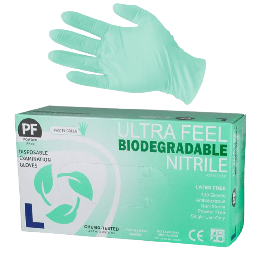 Ultra Feel Biodegradable Powder Free Nitrile Gloves in pastel green.