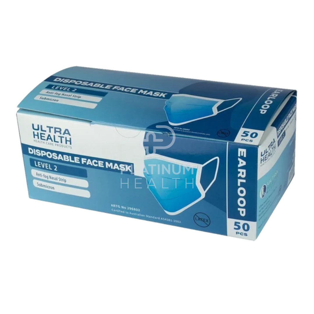Ultra Health Level 2 blue surgical mask with earloops providing comfortable fit and reliable filtration for everyday clinical, aged care, and community protection needs.