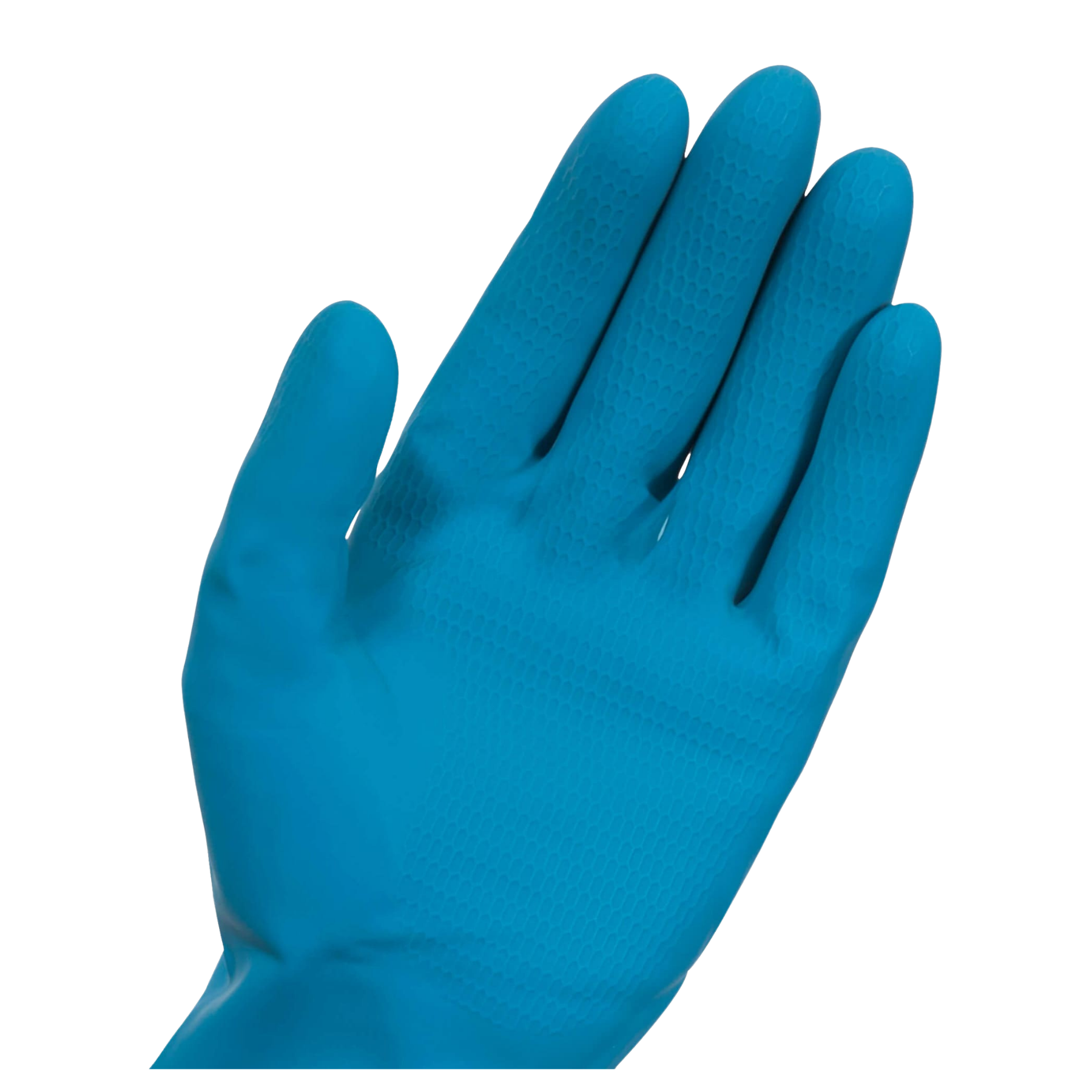 A single blue rubber or nitrile glove shown on a plain white background, with the hand oriented palm-up.