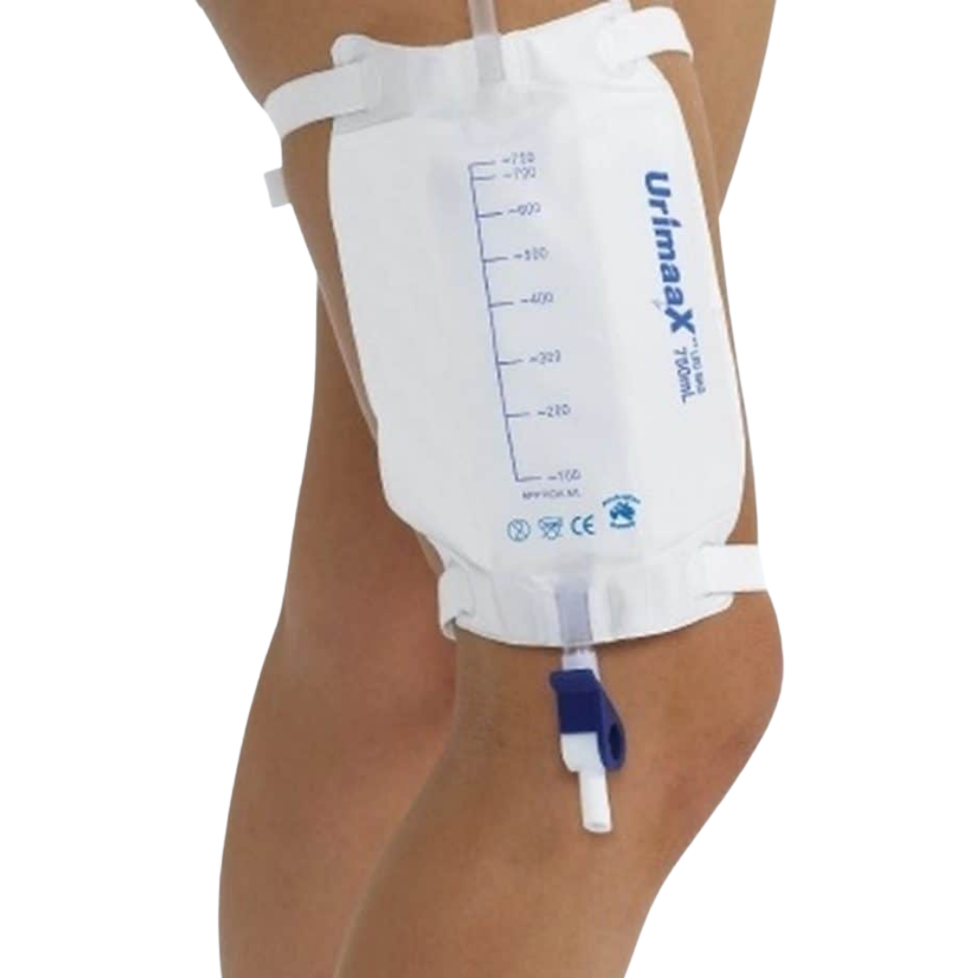 Urimaax 500ml sterile leg drainage bag with 10cm tubing for discreet and hygienic urinary management.
