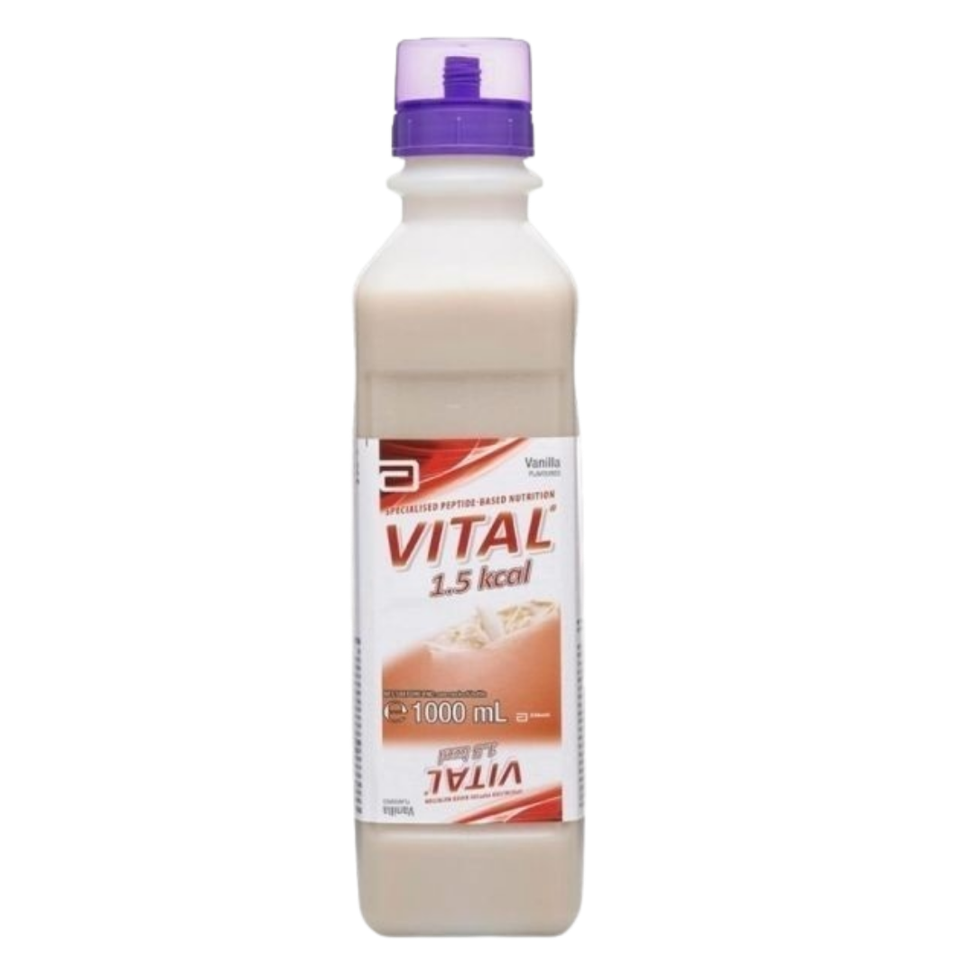 Vital 1.5 Kcal Ready To Hang Vanilla 1000mL enteral feeding formula.