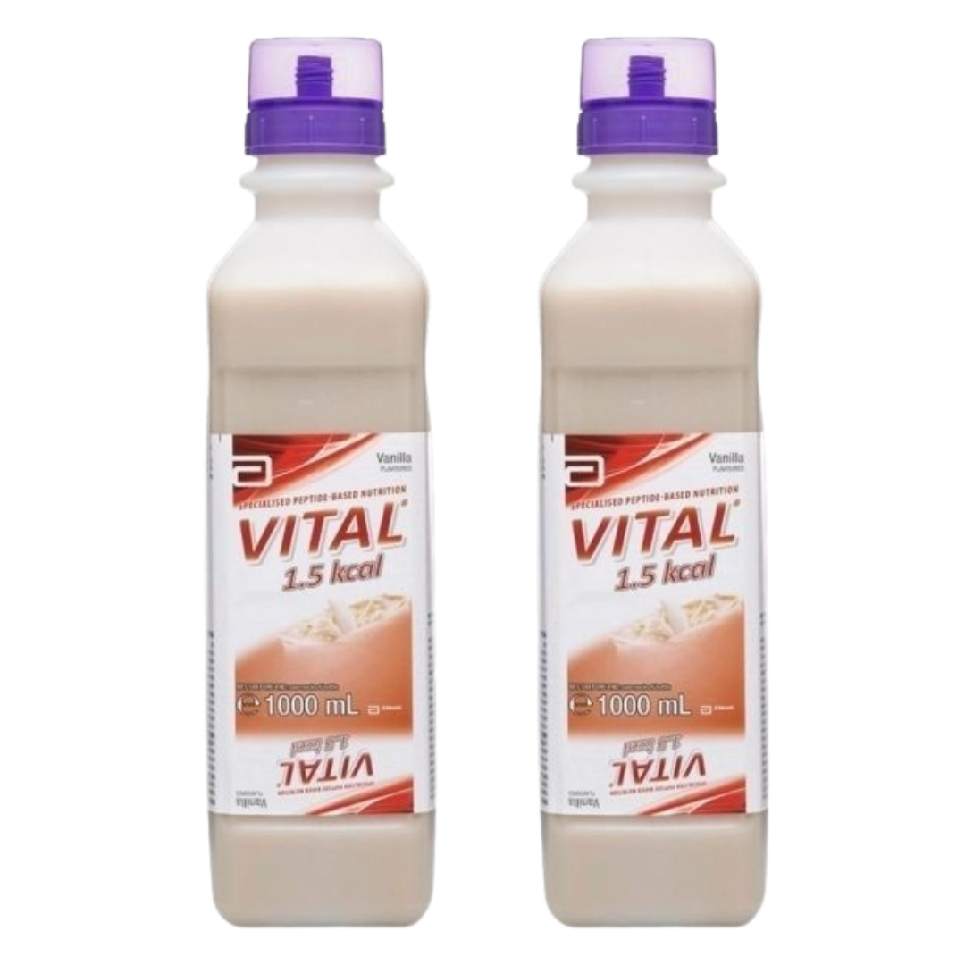 Vital 1.5 Kcal Ready To Hang Vanilla 1000mL enteral feeding formula.