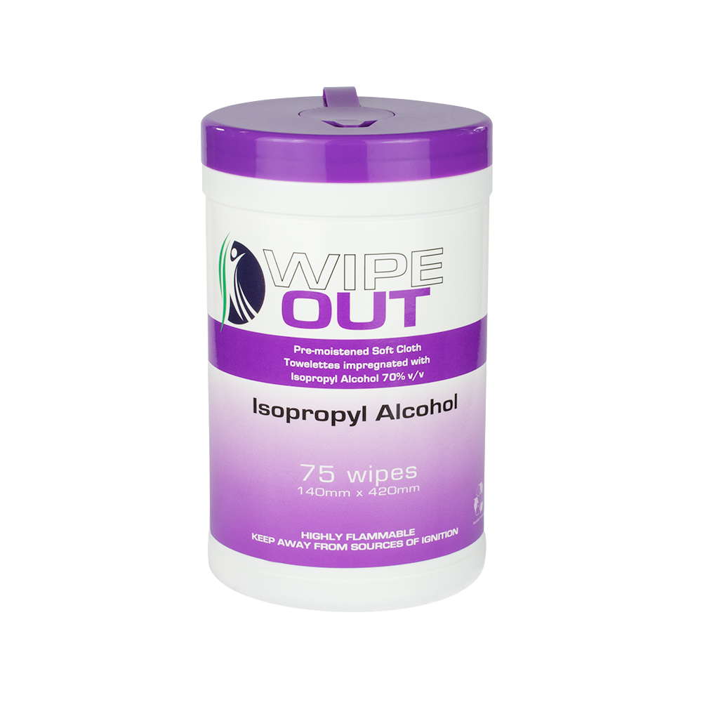 A tub of Wipe Out brand disinfectant wipes with 75 wipes inside, prominently featuring 70% Isopropyl Alcohol.
