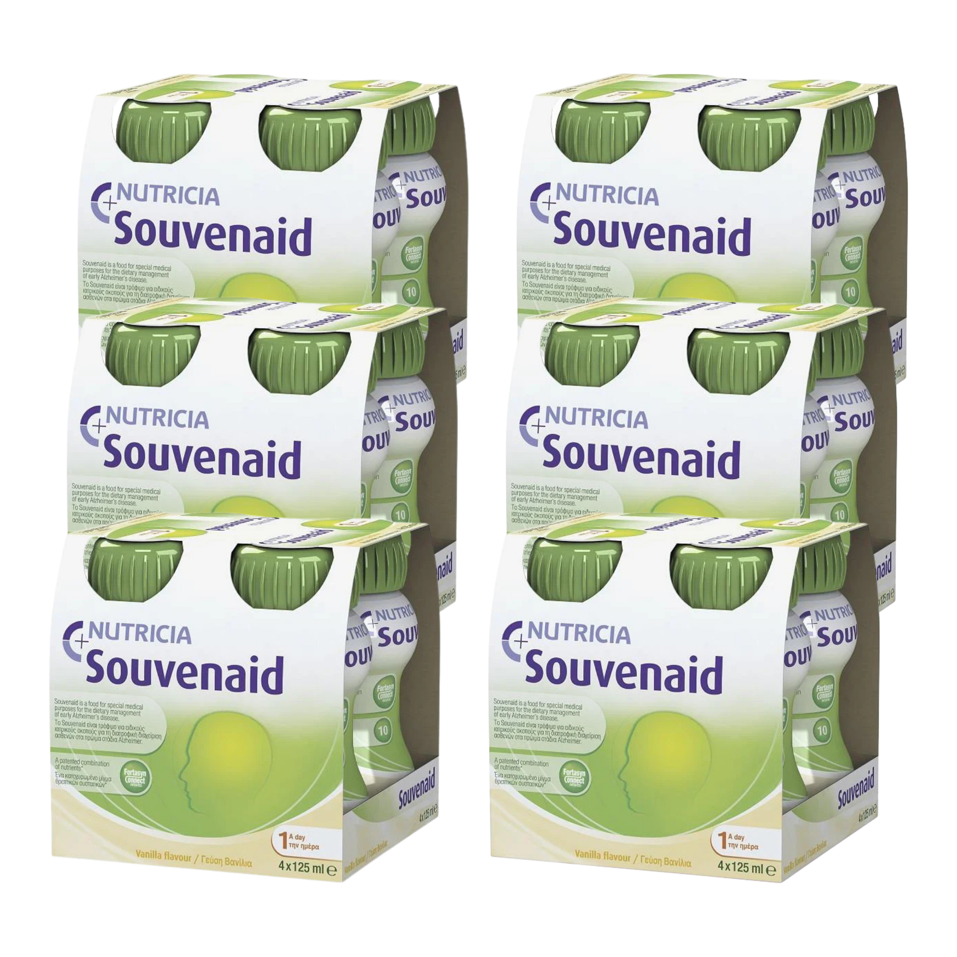 Souvenaid Liquid 125ml bottles in Strawberry, Vanilla, and Cappuccino flavours, nutritional support drink for memory function in early Alzheimer’s disease.