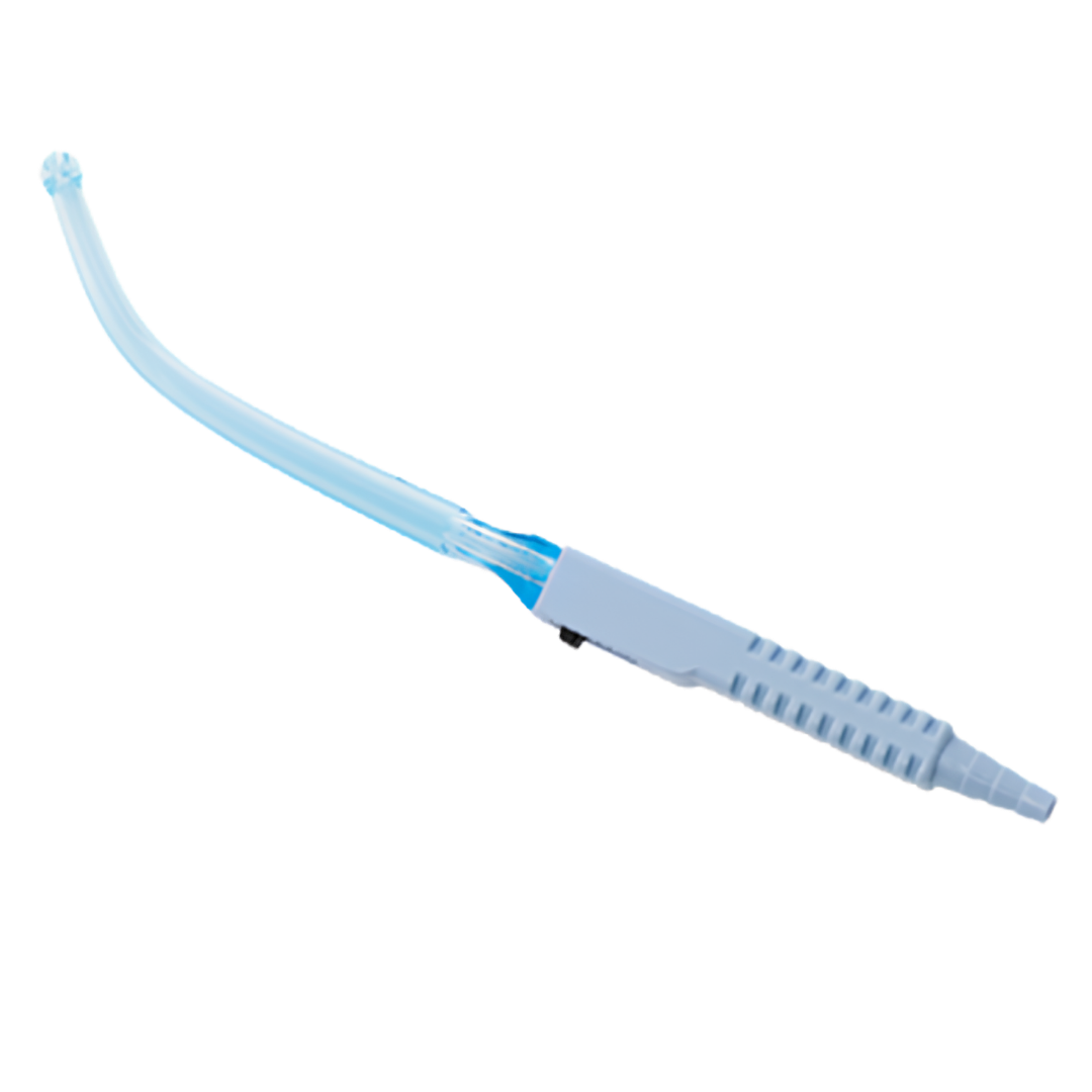 Yankauer Handle 8mm Crown Tip, sterile single-use suction instrument, single wrap packaging, with on/off switch for controlled oral suctioning.