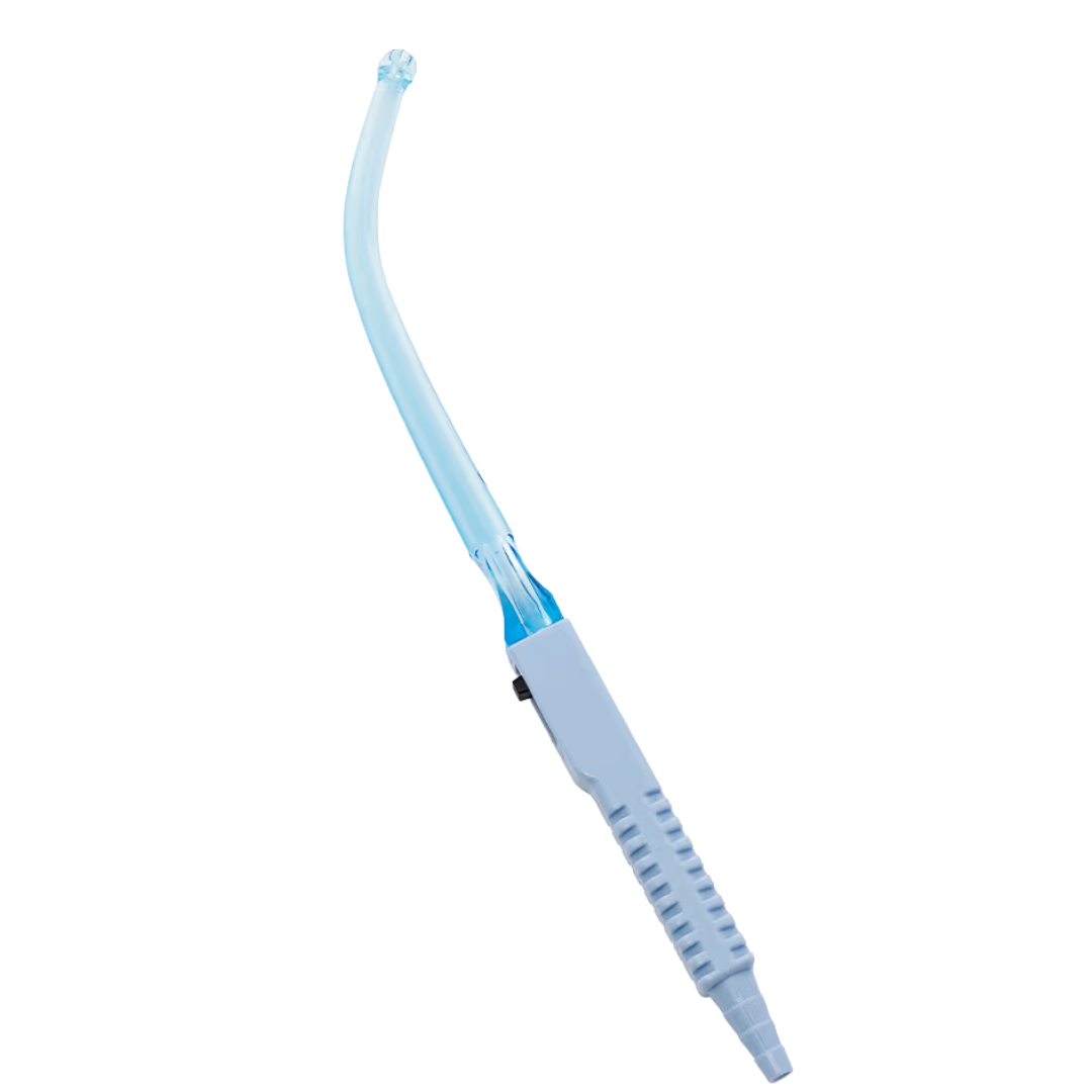 Yankauer Handle 8mm Crown Tip, sterile single-use suction instrument, single wrap packaging, with on/off switch for controlled oral suctioning.