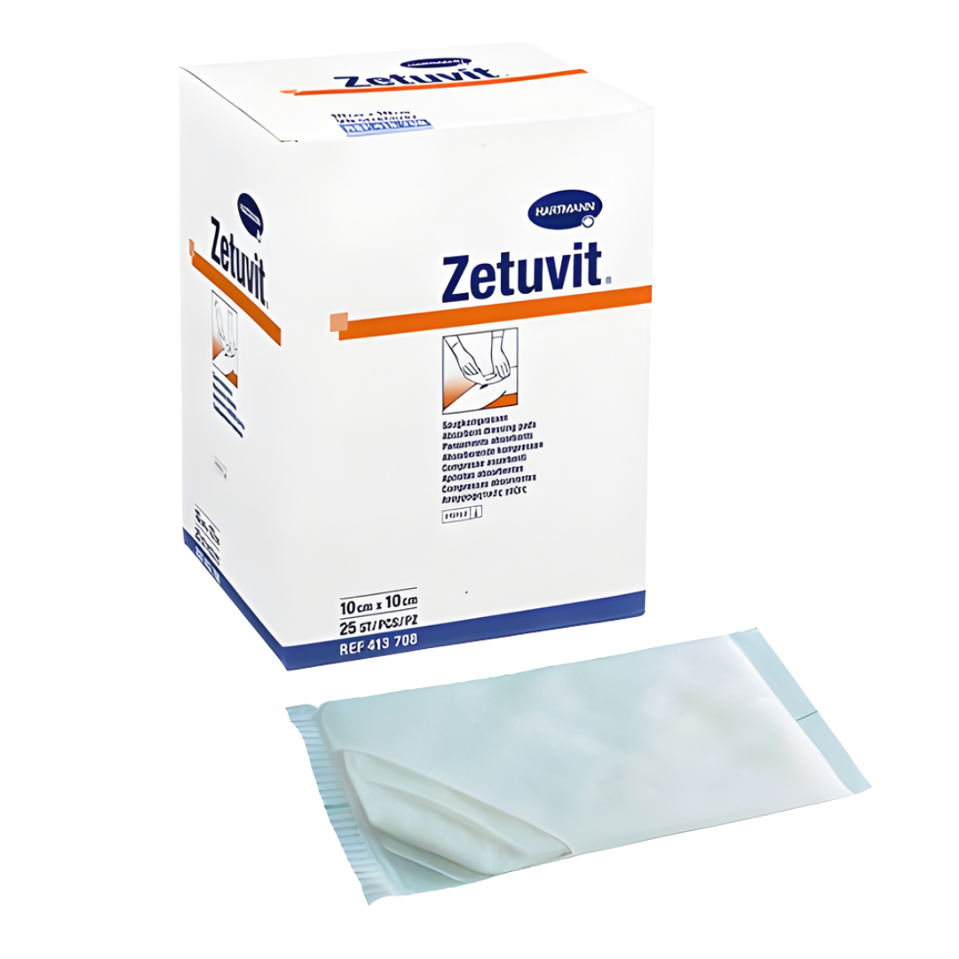 Zetuvit non-adherent absorbent wound dressings in multiple sizes, designed for gentle protection and high absorption for moderate to heavily exuding wounds.