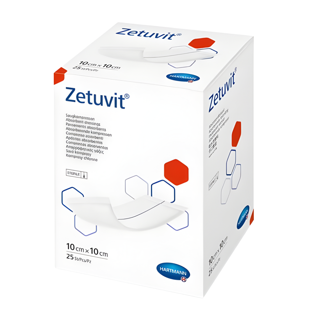 Zetuvit non-adherent absorbent wound dressings in multiple sizes, designed for gentle protection and high absorption for moderate to heavily exuding wounds.