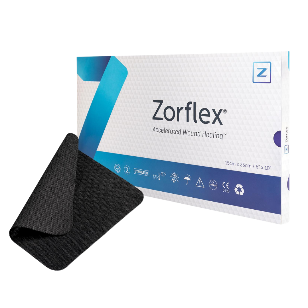 Zorflex wound contact layer 15cm x 25cm, activated carbon dressing, sterile single‑use, available in multiple sizes for odour and exudate control.