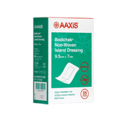 AAXIS Bodichek Non-Woven Island Dressing box, size 9.5cm x 7cm, containing 25 pieces. Features highly absorbent pad, hypoallergenic adhesive, and breathable design.
