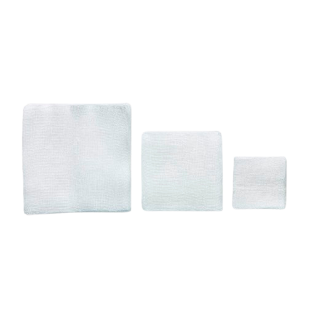Three sizes of AAXIS SM Gauze Swabs, 8-ply, sterile, ideal for wound cleaning and dressing applications.
