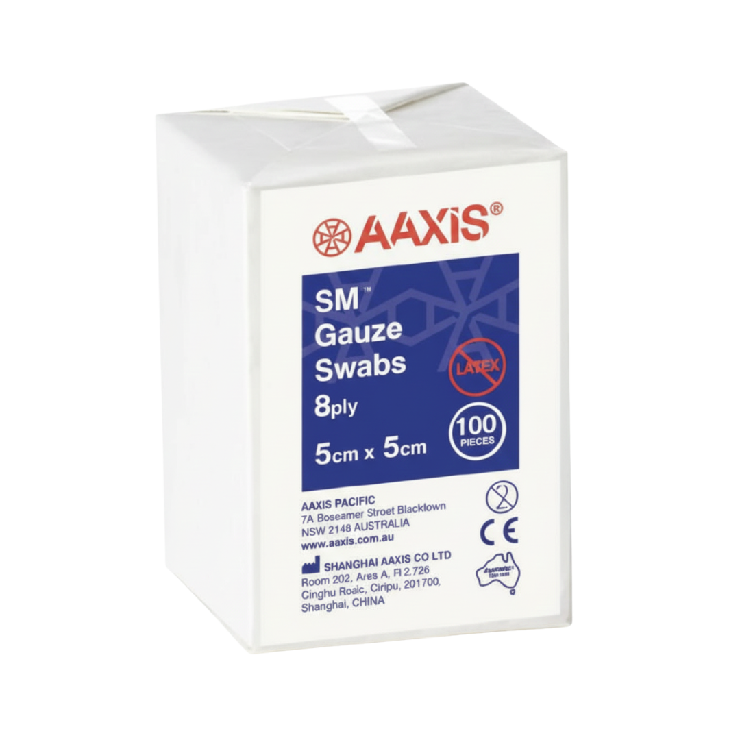 Box of AAXIS SM Gauze Swabs, 8-ply, size 5cm x 5cm, 100 pieces, sterile and latex-free for medical use.
