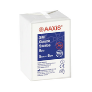 Box of AAXIS SM Gauze Swabs, 8-ply, size 5cm x 5cm, 100 pieces, sterile and latex-free for medical use.
