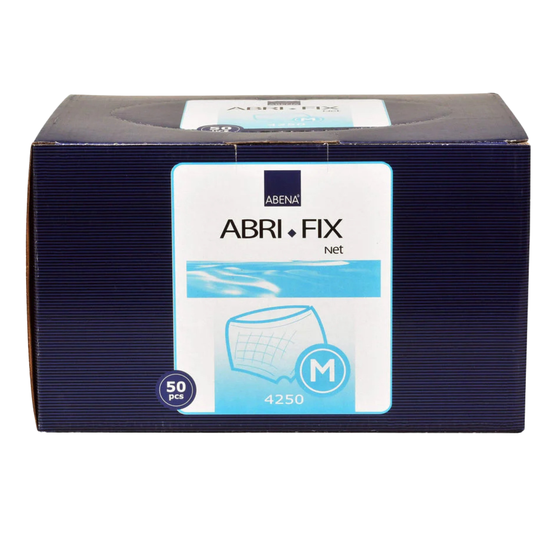 Size chart for Abena Abri-Fix Net showing the Medium Blue variant fits waist/hip measurements of 80 to 130 cm.