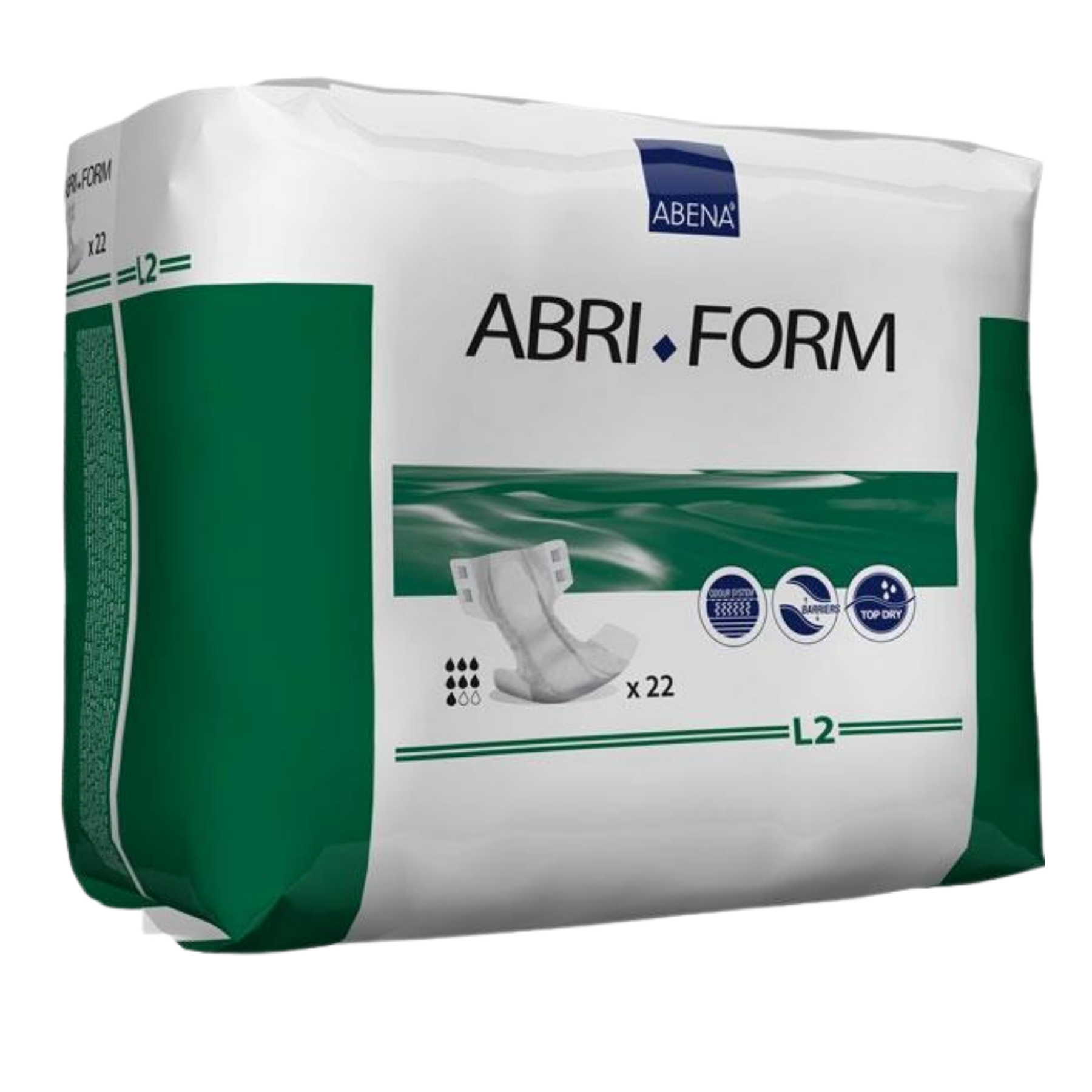 Retail pack of Abena Abri-Form Comfort L2 Green premium adult diapers with 2800ml high-capacity absorption.