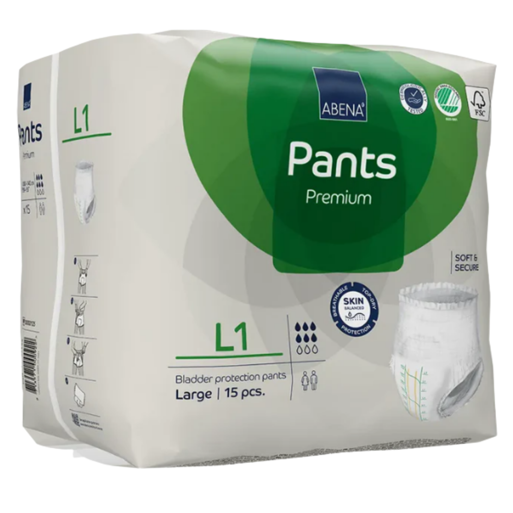 Abena Pants L1 Large Green pull-up incontinence underwear with 1400ml absorbency for 100-140cm hip size.