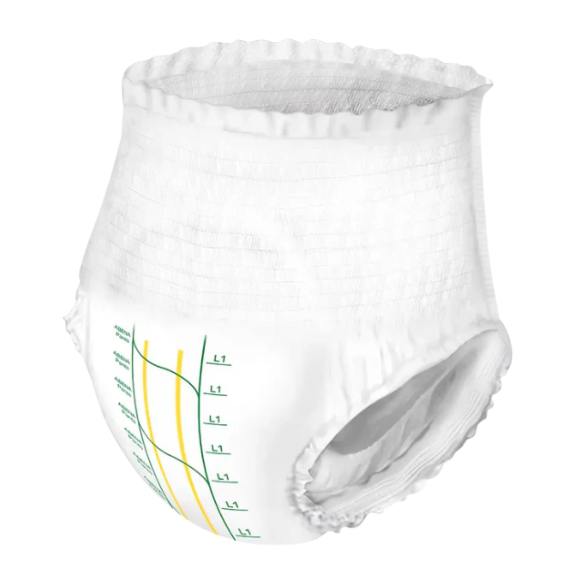 Close-up of the soft, fully breathable material and elastic waistband on the Abena Pants L1 Large Green pull-ups.