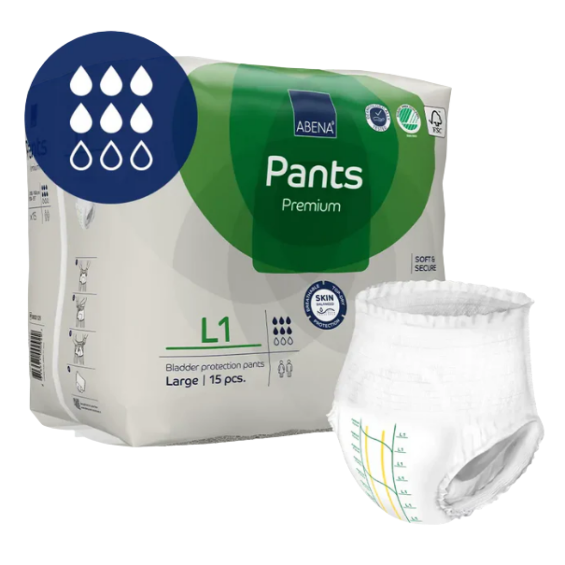 Abena Pants sizing guide showing the L1 Large Green variant fits waist measurements from 100cm to 140cm.