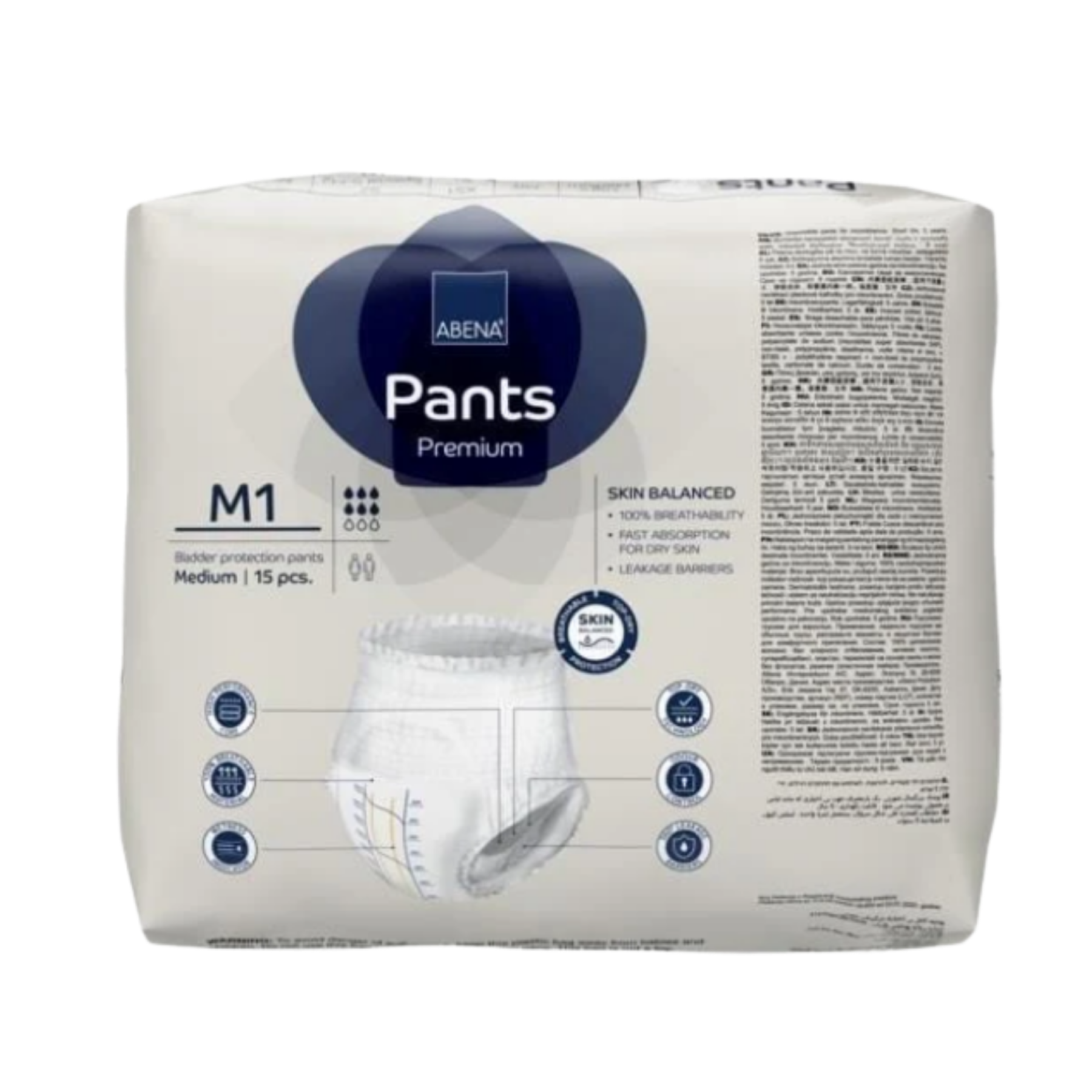 Close-up of Abena Pants M1 Blue features including high-performance leakage barriers and a Top-Dry acquisition layer.