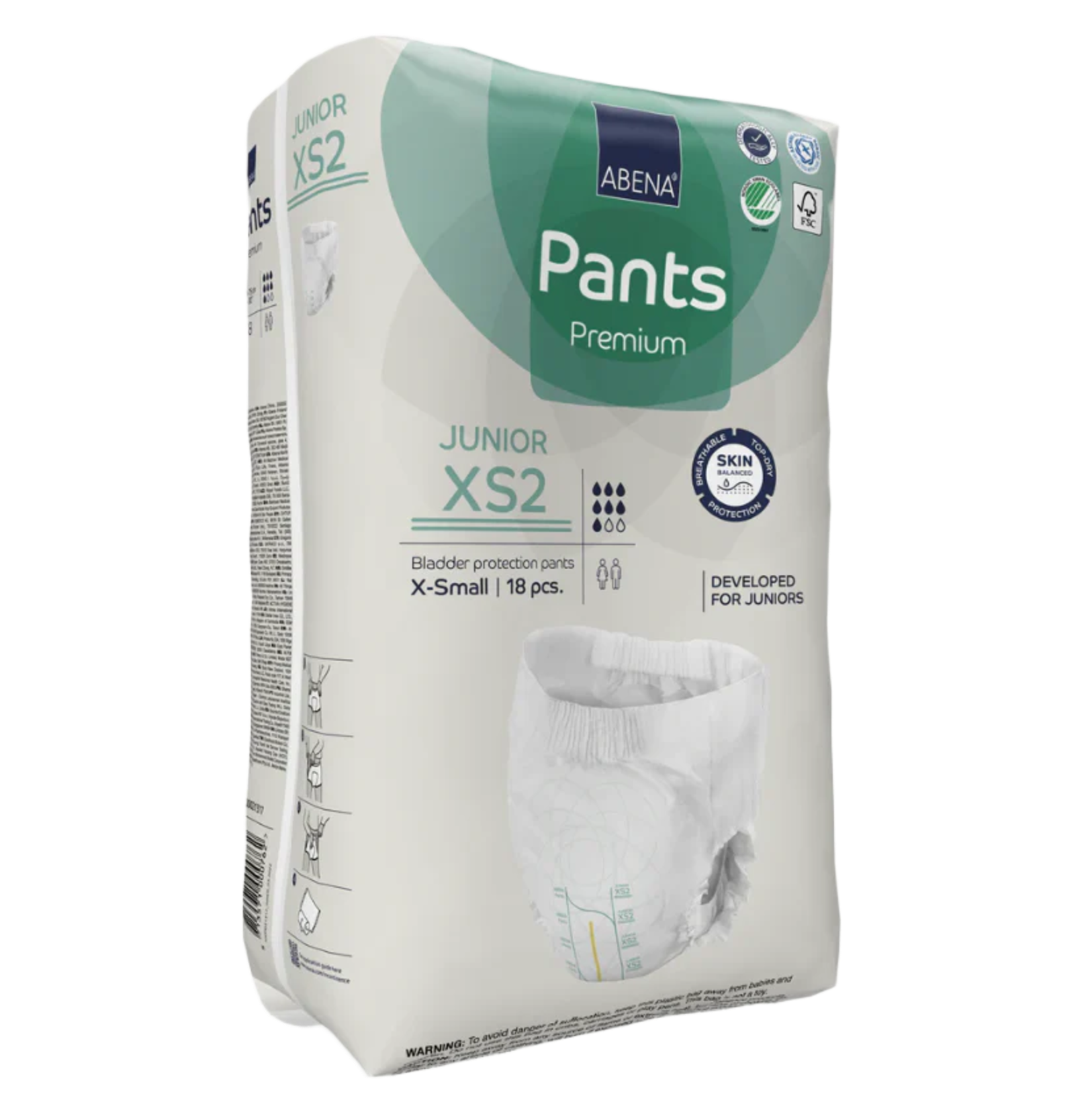 Side-angle view of the Abena Pants Premium Junior XS2 packaging, showing a pack of 18 X-Small pull-up briefs developed specifically for juniors.