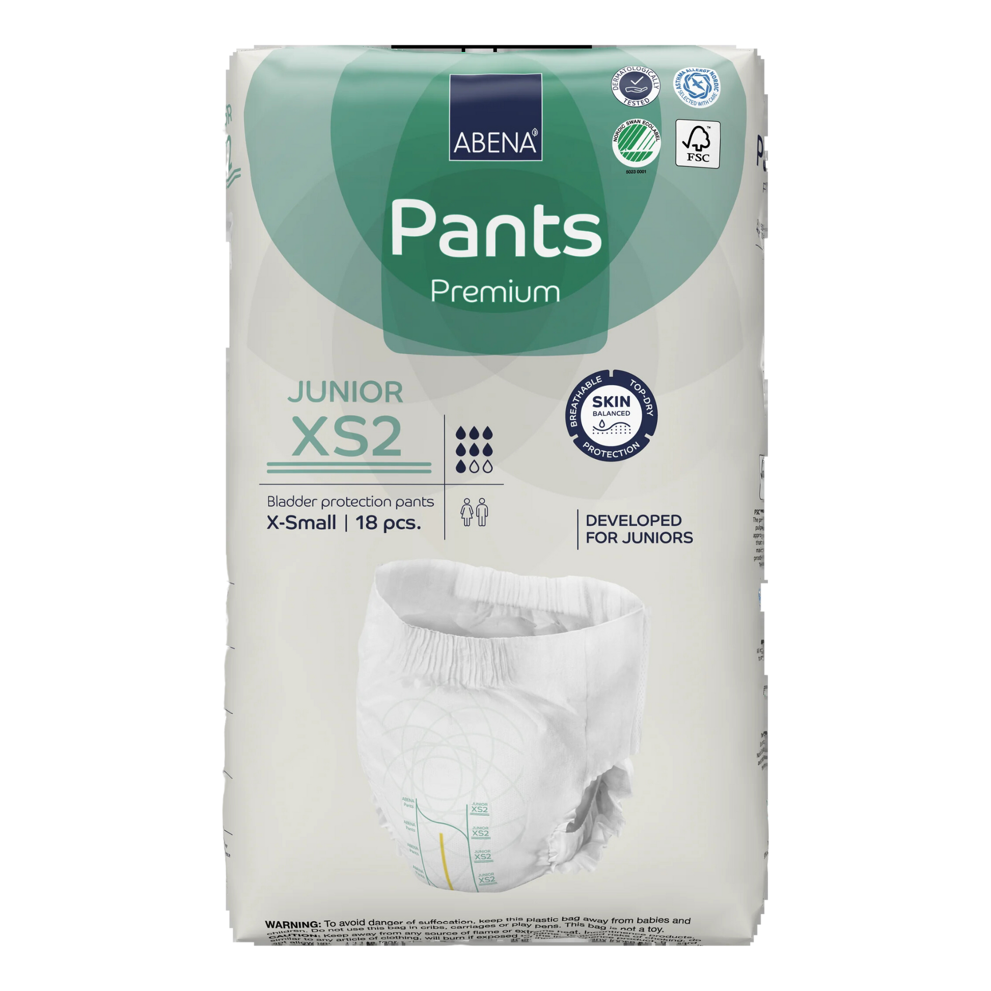 Front packaging of Abena Pants Premium Junior XS2 bladder protection pants, featuring 18 pieces per pack and Top-Dry Skin Balanced protection.