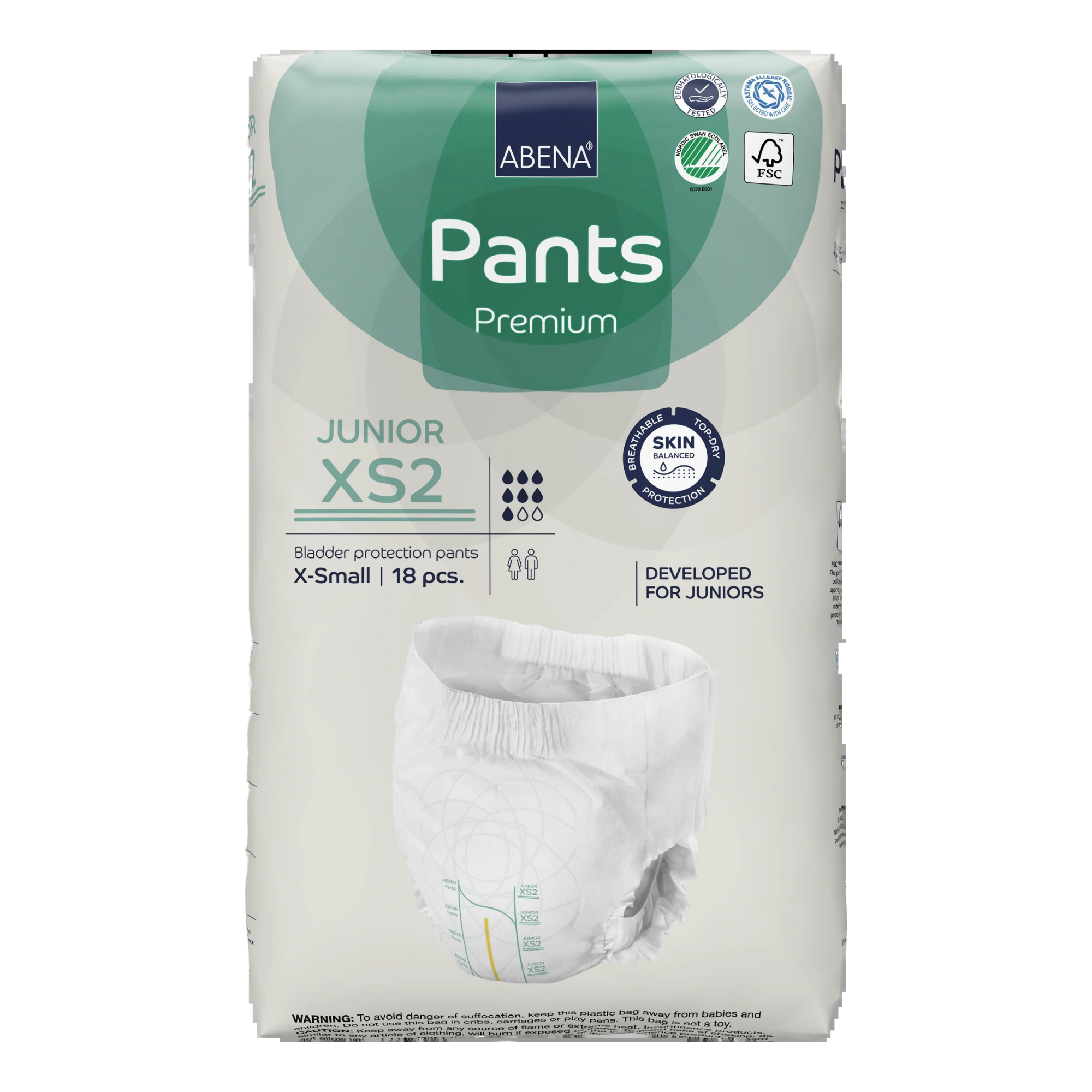 Front packaging of Abena Pants Premium Junior XS2 bladder protection pants, featuring 18 pieces per pack and Top-Dry Skin Balanced protection.