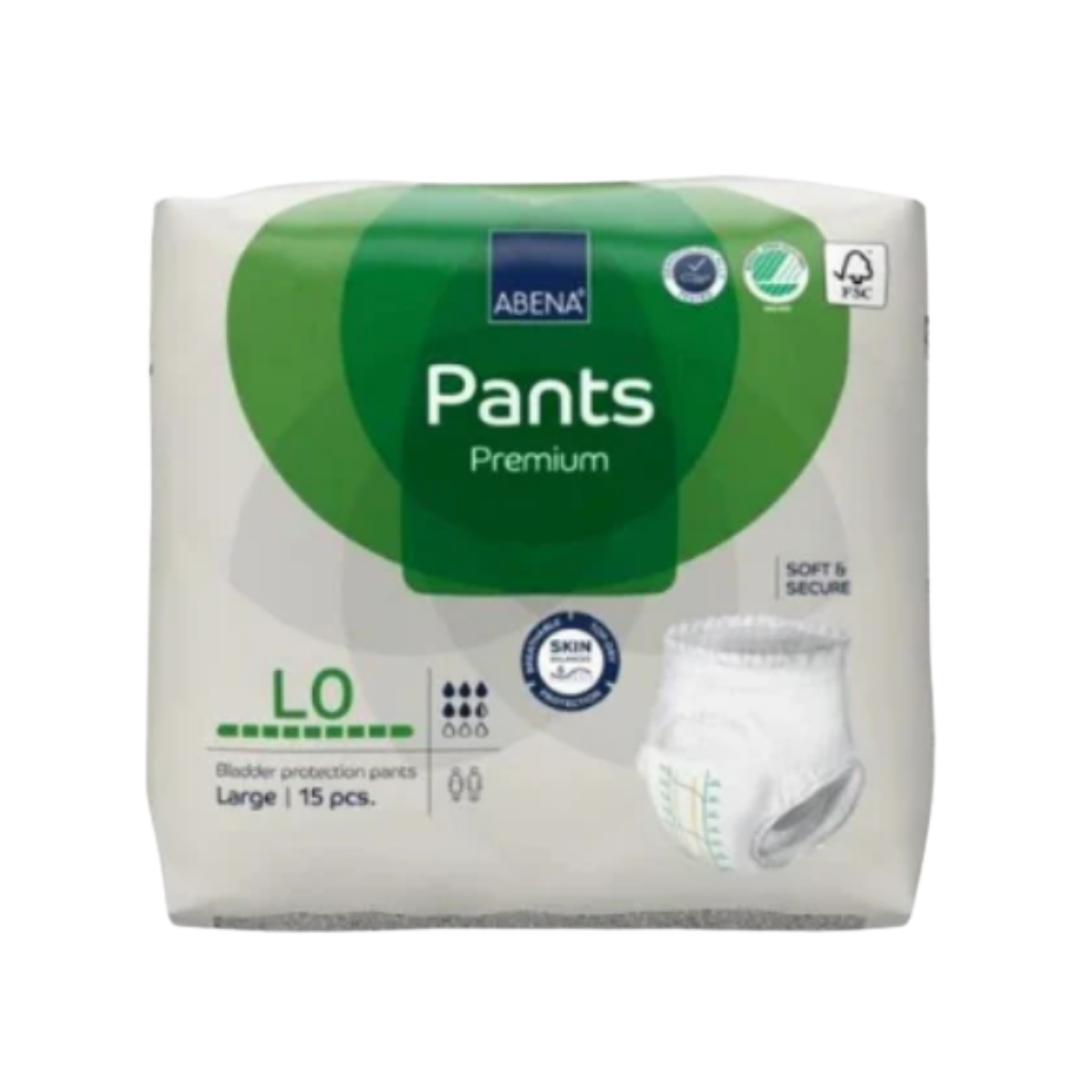 Front packaging of Abena Pants Zero L0 in Large Green, showing the 1100ml absorbency rating, premium pull-up design, and suitability for hip sizes 100-140cm.