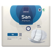 Front view of Abena San Premium size 10 bladder protection pads packaging, indicating a 25-piece pack with 360-degree leakage barriers.