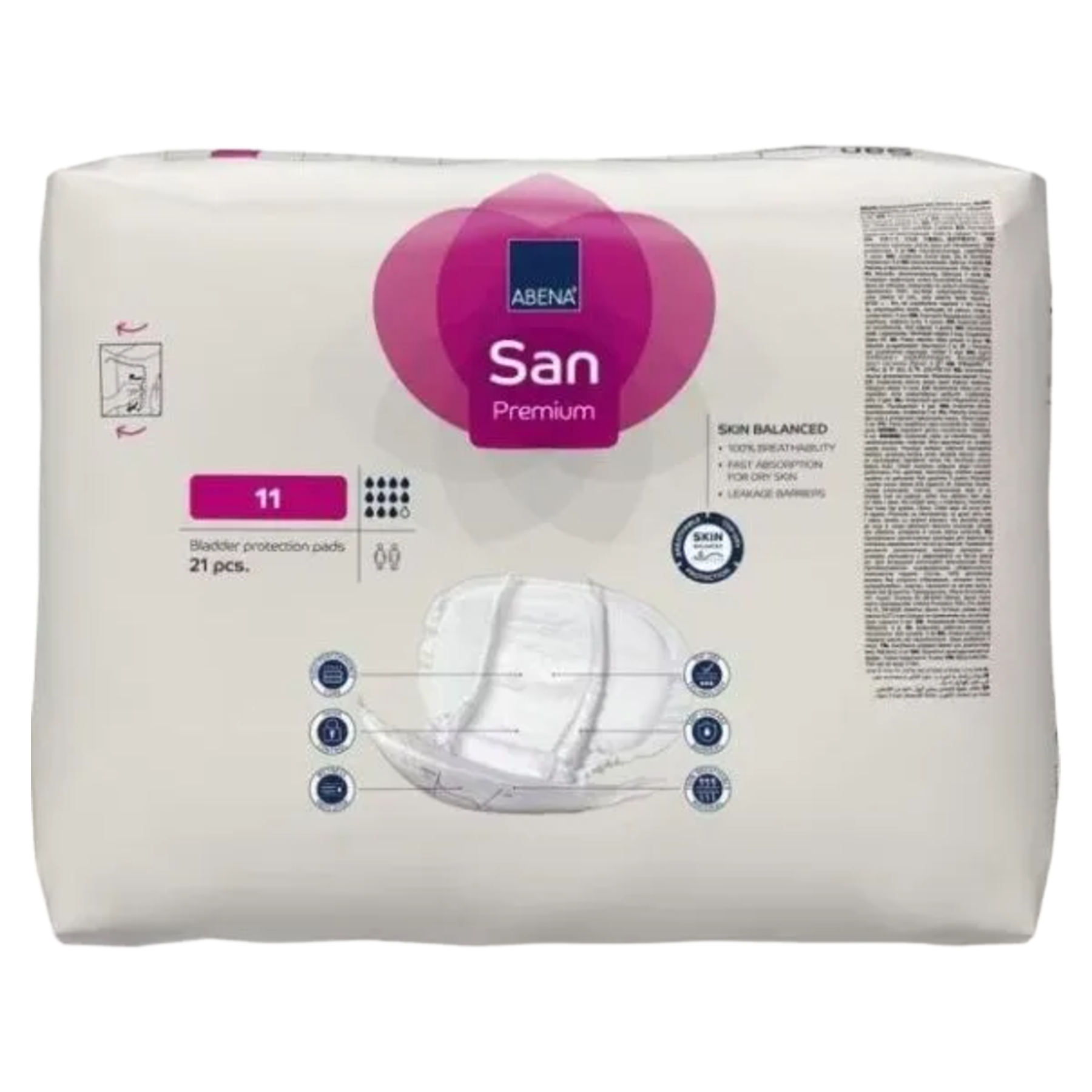 Front packaging of Abena San Premium size 11 bladder protection pads highlighting features like skin balance, 100% breathability, and fast absorption for dry skin.