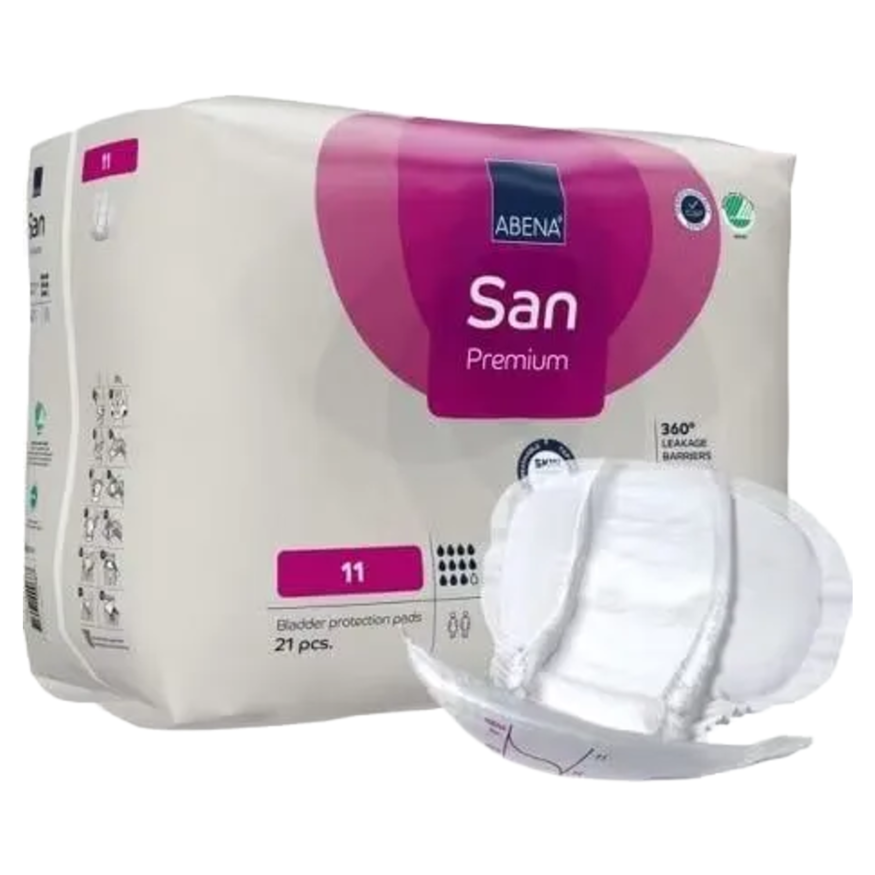 Angled view of the Abena San Premium size 11 pad packaging showing the product illustration and application instructions on the side panel.