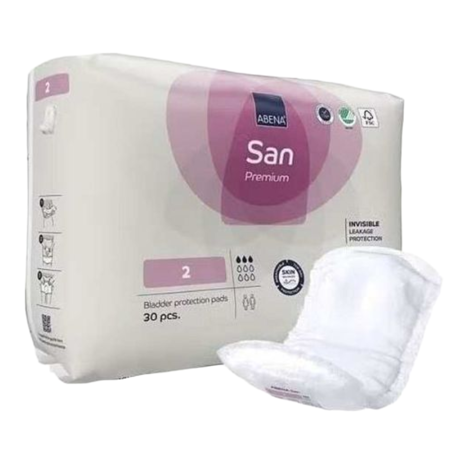 A 30-count pack of Abena San Premium size 2 bladder protection pads shown next to a single, unfolded white incontinence pad to show shape and texture.