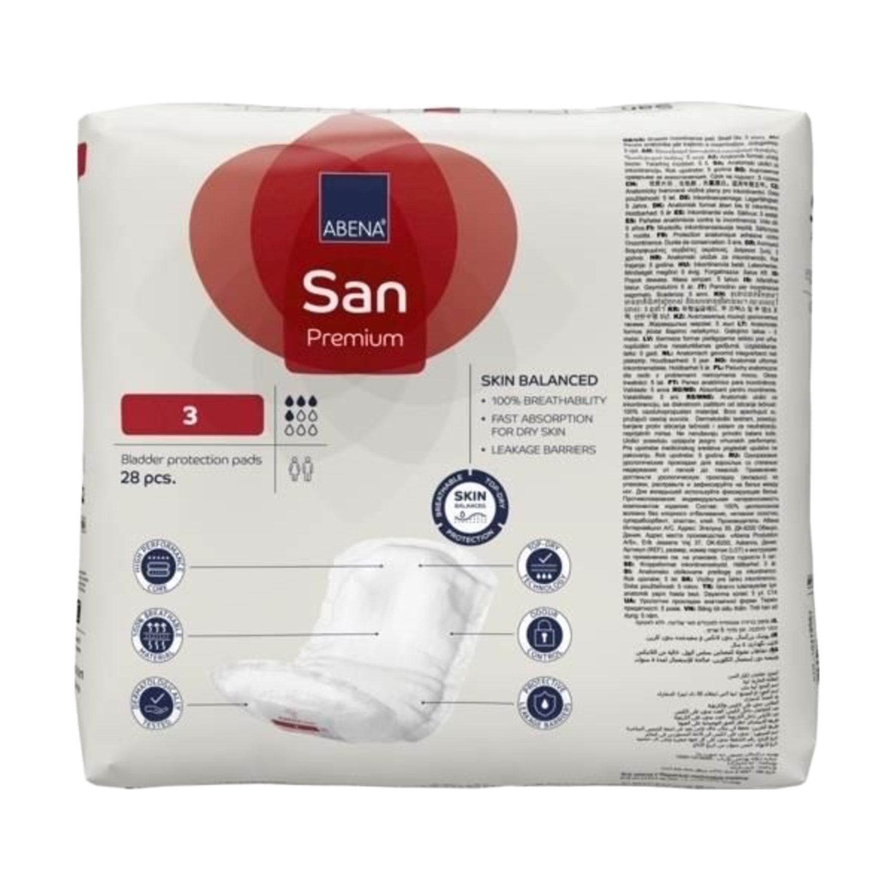 Front view of ABENA San Premium 3 bladder protection pads packaging showing detailed feature icons including high performance core, odour control, and skin-balanced technology.