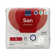 Packaging for ABENA San Premium level 3 incontinence pads, 28 pieces, featuring the Nordic Swan Ecolabel, FSC certification, and dermatologically tested seal.