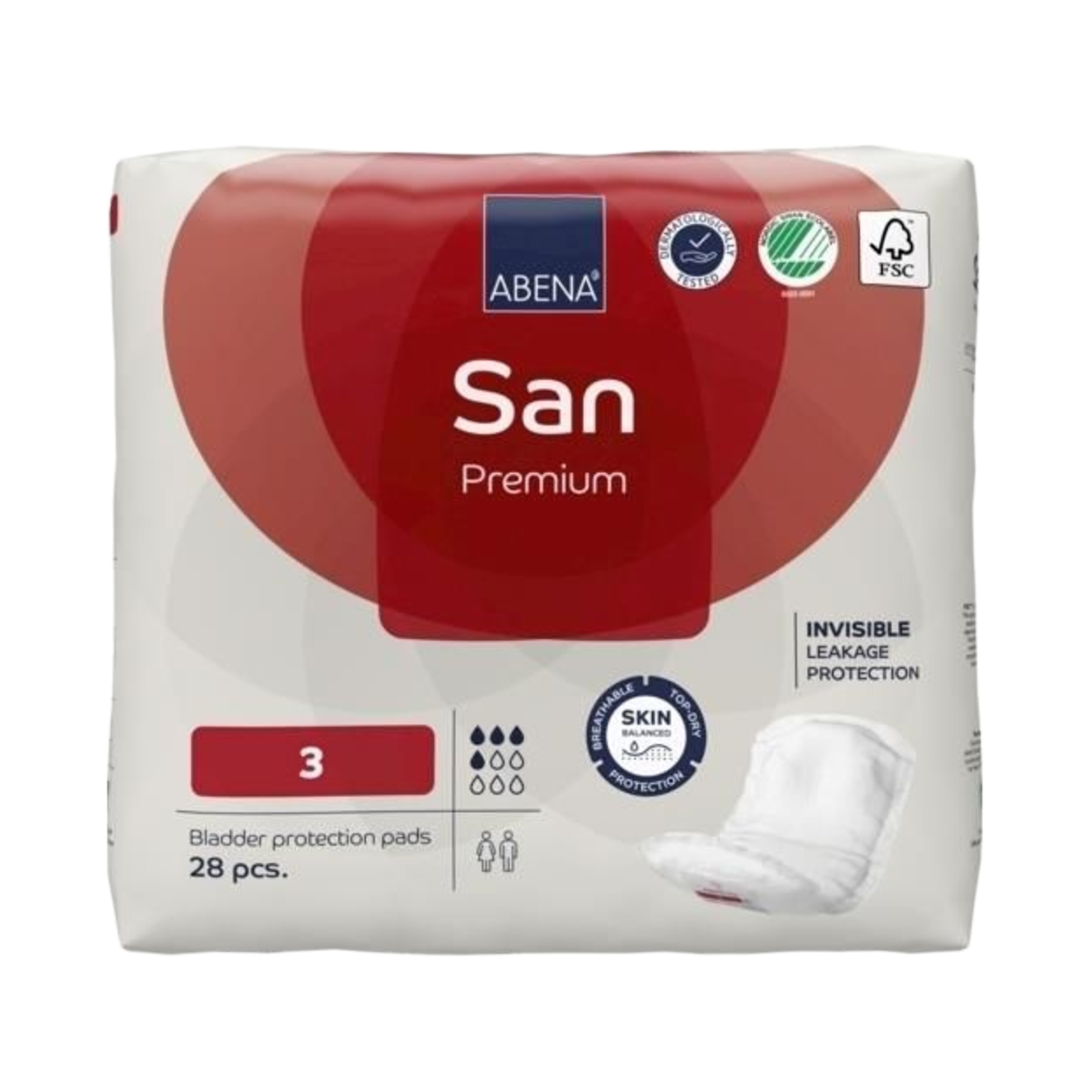 Packaging for ABENA San Premium level 3 incontinence pads, 28 pieces, featuring the Nordic Swan Ecolabel, FSC certification, and dermatologically tested seal.