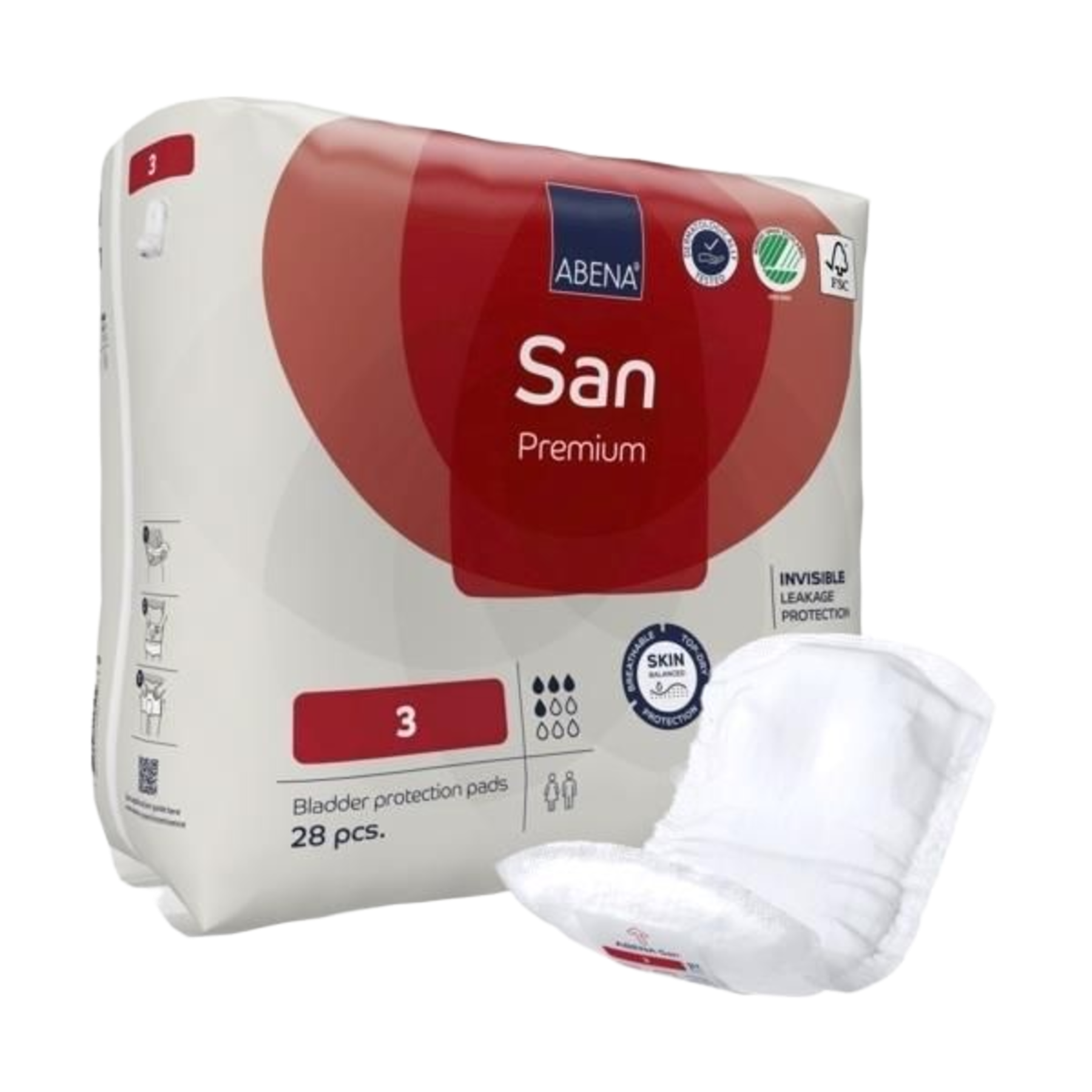 A three-quarter angle view of ABENA San Premium 3 bladder protection pads packaging with an individual pad shown in front to display the shape and leakage barriers.