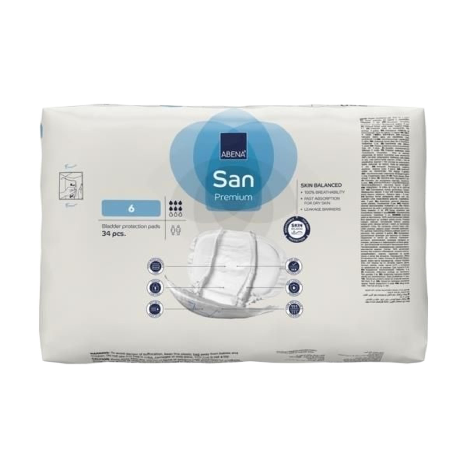 Front view of Abena San Premium size 6 bladder protection pads packaging, highlighting specific product features including 100% breathability, fast absorption, and leakage barriers.