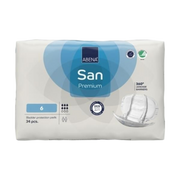 A clean front-facing product shot of the Abena San Premium 6 bladder protection pads 34-piece pack, showing the blue absorption level indicator and skin-balanced certification.